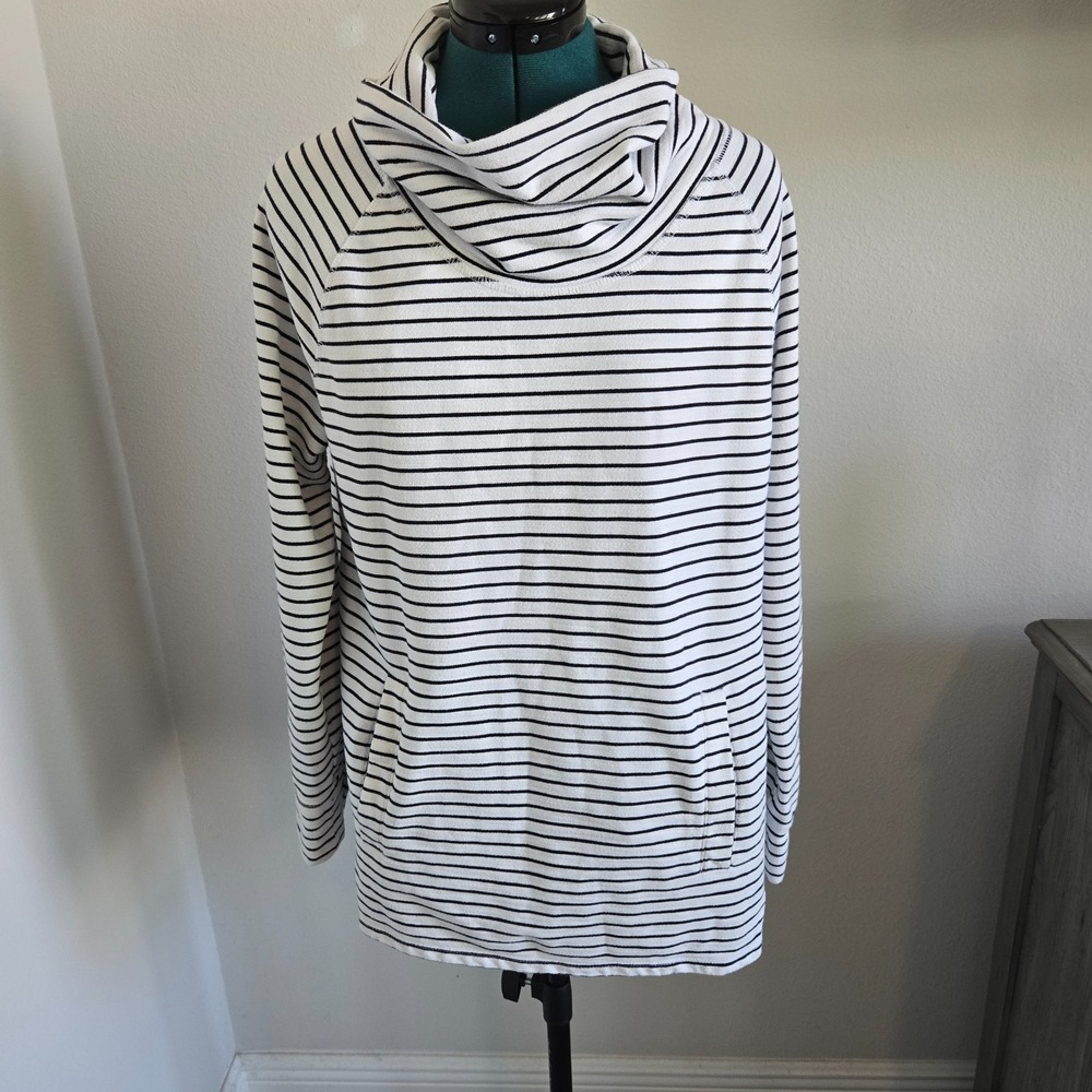 Tommy Hilfiger Sweatshirt Womens XL Black White Striped Cowl Neck Tunic Pullover